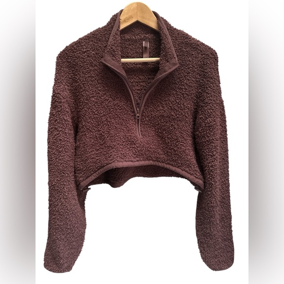 SKIMS Cozy Sherpa Teddy 1/2 Zip Crop Sweatshirt size S/M~Chocolate Brown - Picture 3 of 8